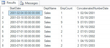 Concating numbers and dates in SQL Server 2012 with the CONCAT function