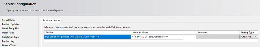 select the account to run SQL Server Integration Services Scale Out Worker service and select the Startup Type