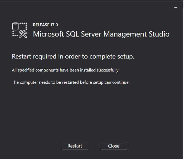 Restart required for SQL Server 2017 SSMS Installation