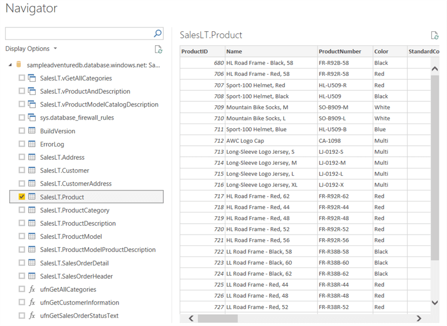This image shows on how to select appropriate table of a database to load in Power BI
