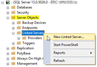 This screenshot shows the location of the New Linked Server... object within the menu as described in the text.