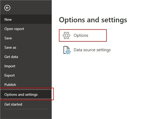 Snapshot showing navigation to Options settings in Power BI desktop