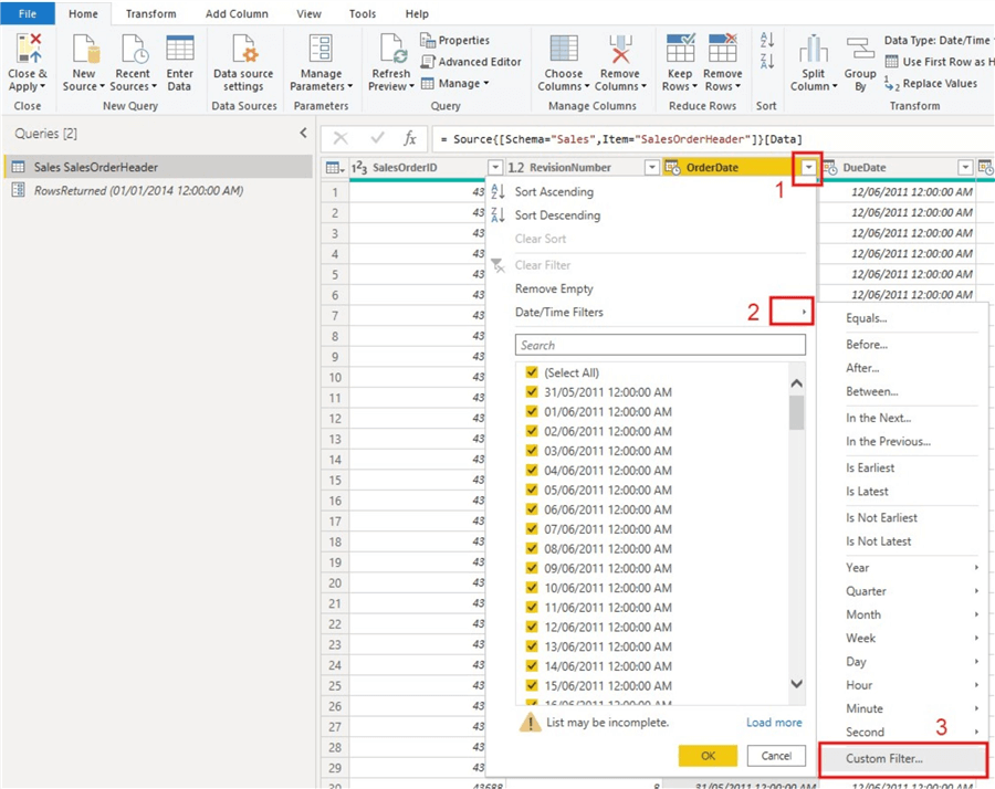 Screenshot showing how to configure the date filtering on a date column