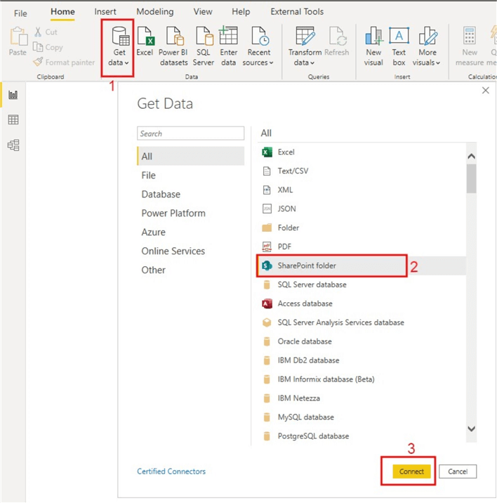 Snapshot showing how to connect to OneDrive location in Power BI