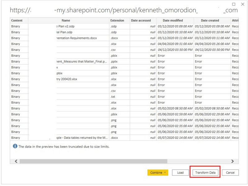 Snapshot showing initial landing page of the connection in Power BI