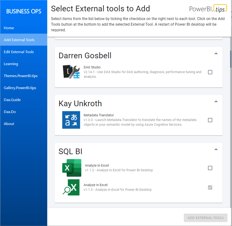 Business Ops Add External Tools tab 