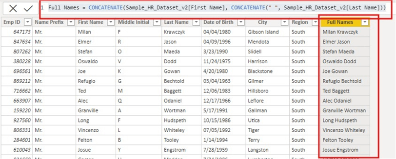 Sample table showing Full Names created  using CONCATENATE