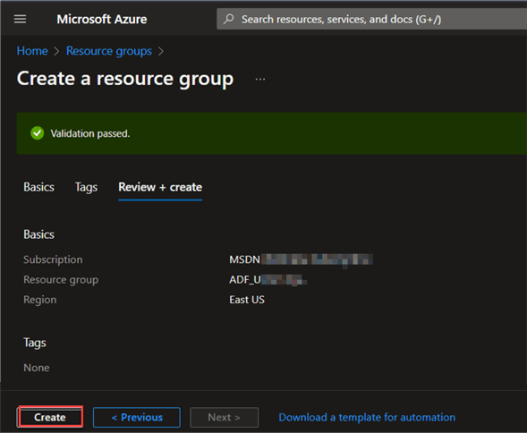 Validation Passed Azure Resource Group successfully created