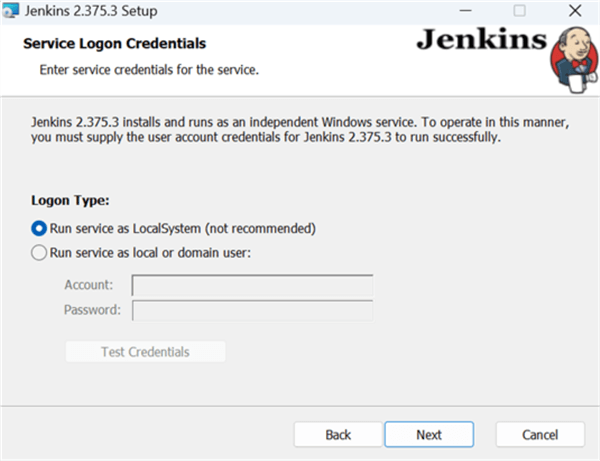 Jenkins Setup Wizard - Service Logon Credentials