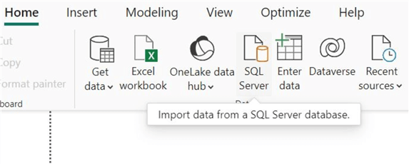 Data section of main interface of Power BI