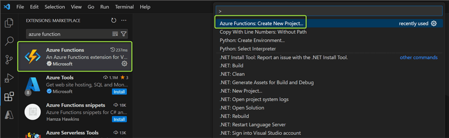 azure functions create project from vs code