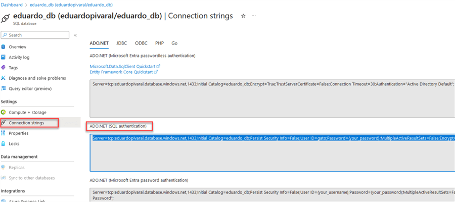 Configuring GitHub secret, obtaining connection string