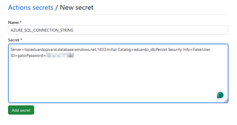Configuring GitHub secret, adding secret