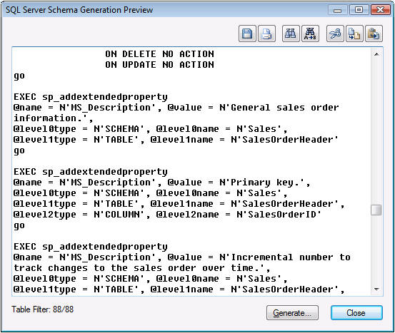sql server schema generation preview