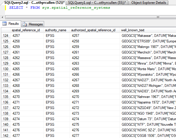 Sample resultset when querying the sys.spatial_reference_systems catalog view