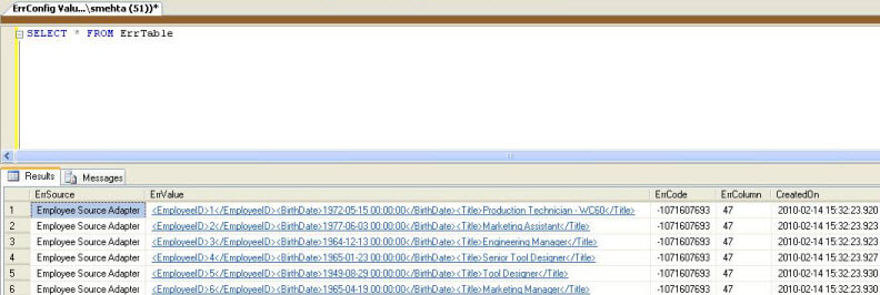 Execute the package and this should insert rows into the our error table as shown in the screenshot below