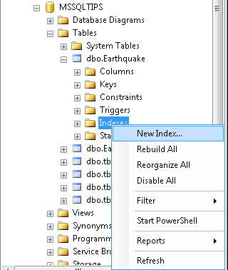 Choose New Index in the table tree