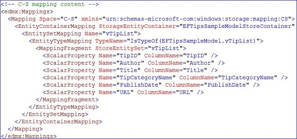 The last section is the C-S mapping content which contains the edmx:Mappings element 