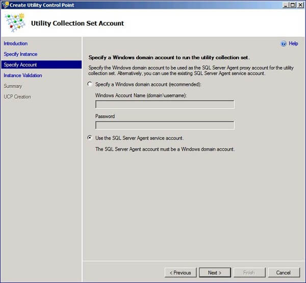  you can specify an account or use the SQL Server Agent account as shown 