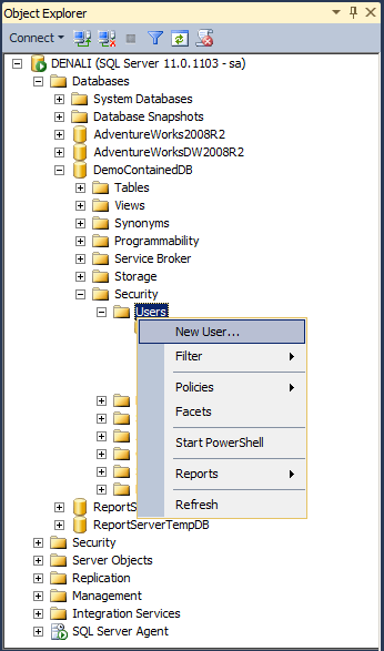 create a sql server user to access the database