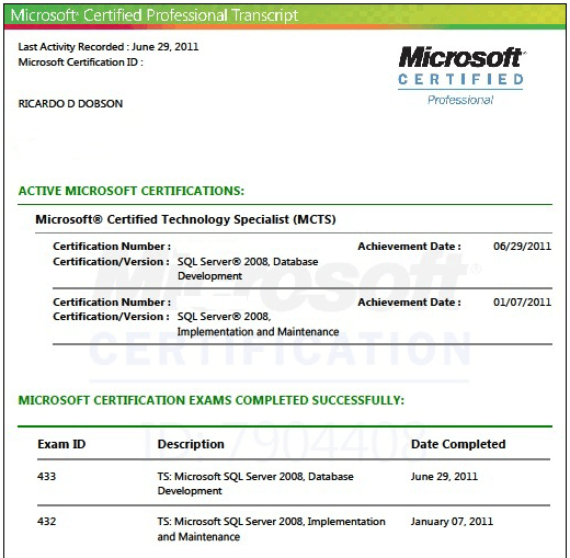 Certified technical specialist for microsoft sql server 2008 database developement