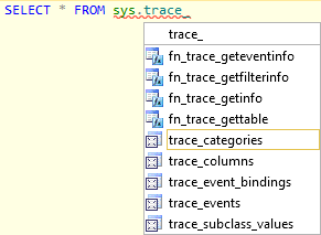 Completion list for sys objects containing 'trace_'