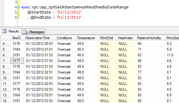 Weather conditions queried in SQL Server Management Studio