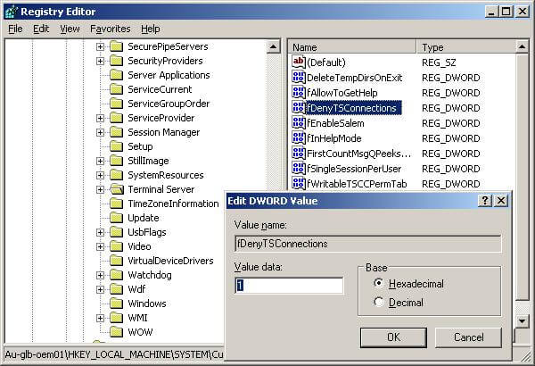 Enabling remote desktop connection for a server using registry values