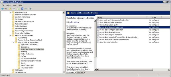 Setting clipboard sharing in Windows Server 2008 R2