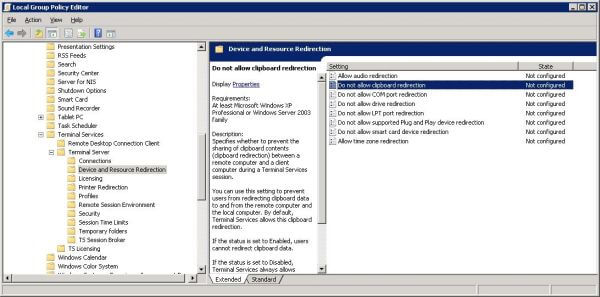 Setting clipboard sharing in Windows Server 2008