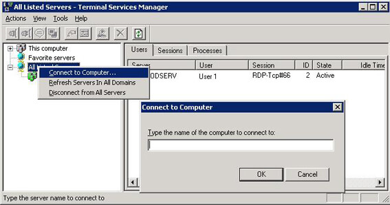 Terminal Services Manager in Windows Server 2003: Connecting to a remote computer