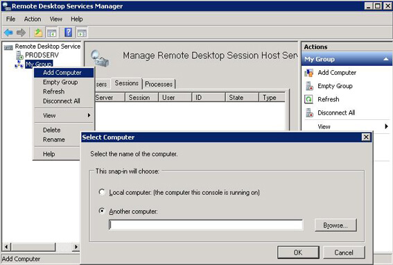 Terminal Services Manager in Windows Server 2008 R2: Connecting to a remote computer