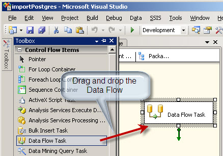 Drag and drop the Data Flow in SQL Server Integration Services