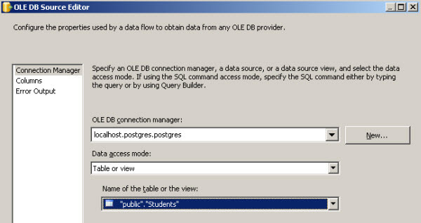 Specify the Table Name in the SSIS OLE DB Source Editor