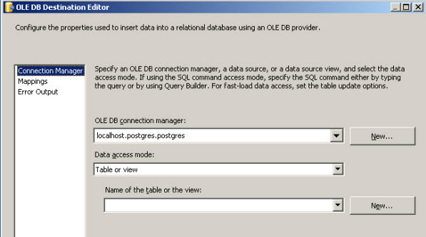 Configure the table properties in the SSIS OLE DB Destination Editor