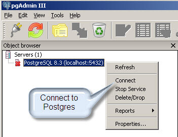 Connect to the Postgres database in pgAdmin III