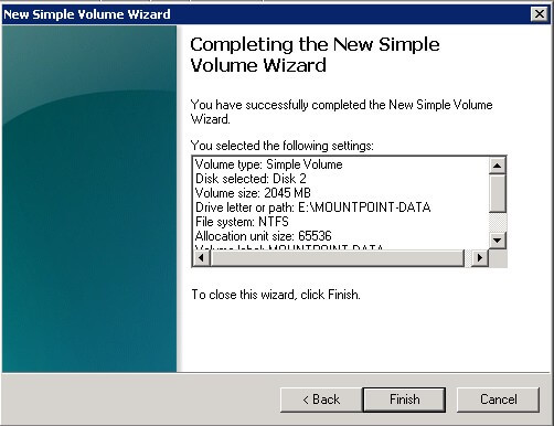 Complete the New Simple Volume Wizard