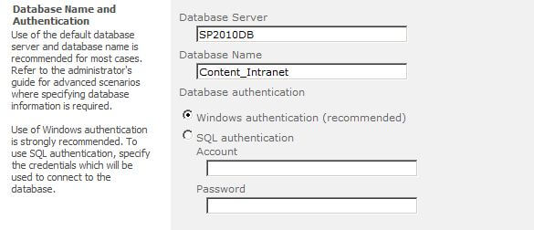 Configure Database Name and Authentication in SharePoint 2010 Central Administration