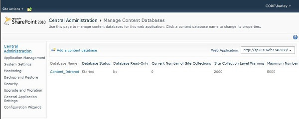 View Content Database Properties in SharePoint 2010 Central Administration