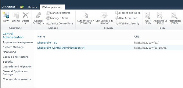 Create a web application in SharePoint 2010 Central Administration