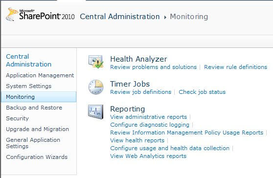 SharePoint 2010 Central Administration Monitoring Health Analyzer