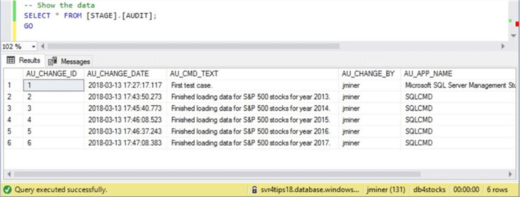 Sliding Window - Audit Table - Final State - Description: The image shows the final state of the audit table after loading 5 years worth of data.