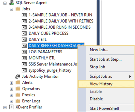 View SQL Server Agent job history in SQL Server Management Studio