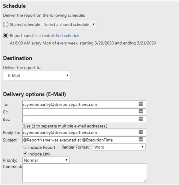 Setup report subscription schedule and delivery options