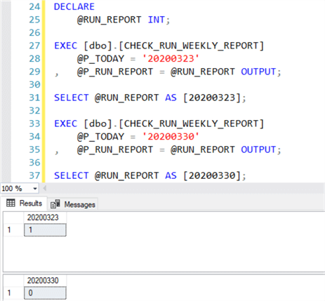 Sample code to test the CHECK_RUN_WEEKLY_REPORT stored procedure