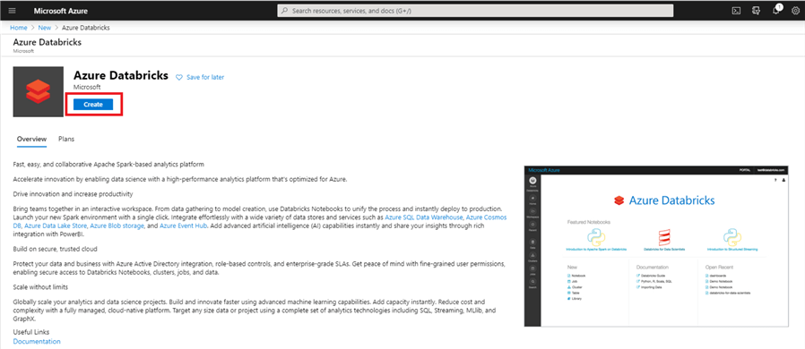In the Azure portal, shows the Create button, which should be pressed to create your Databricks Workspace.