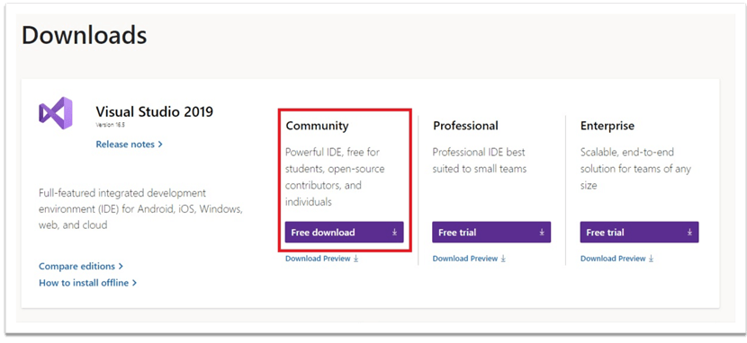 Select Community Edition of Visual Studio 2019