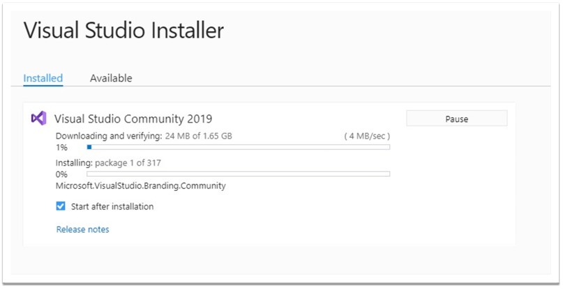Visual Studio Community 2019 Installer Progress
