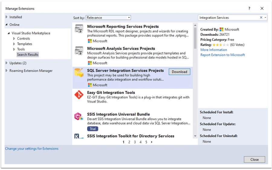 Find SQL Server Integration Services Projects in Visual Studio Community 2019 Edition