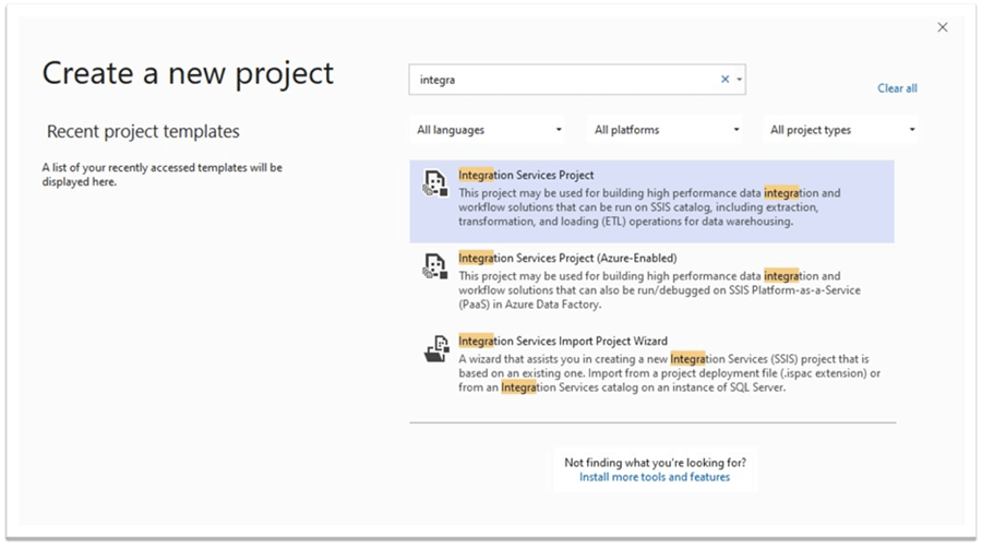 Create New SQL Server Integration Services Projects in Visual Studio Community 2019 Edition